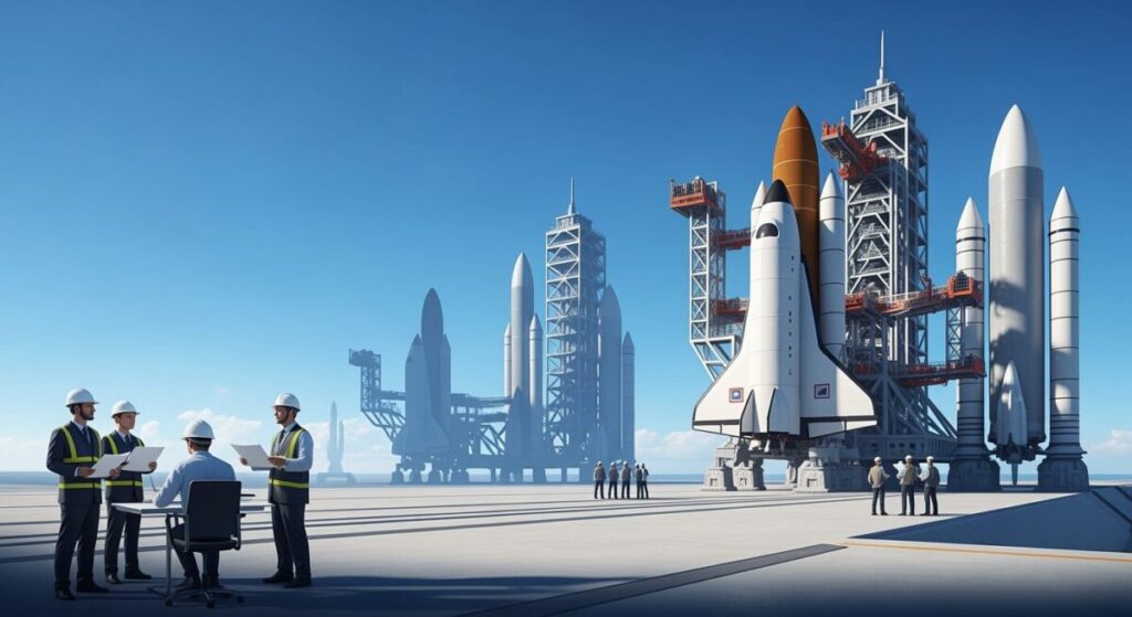 SpaceXがスターシップを用いて年間1万回の宇宙打ち上げを計画している様子を現代的な打ち上げサイトで表現。宇宙旅行の未来を感じるシーン。