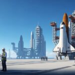 SpaceXがスターシップを用いて年間1万回の宇宙打ち上げを計画している様子を現代的な打ち上げサイトで表現。宇宙旅行の未来を感じるシーン。