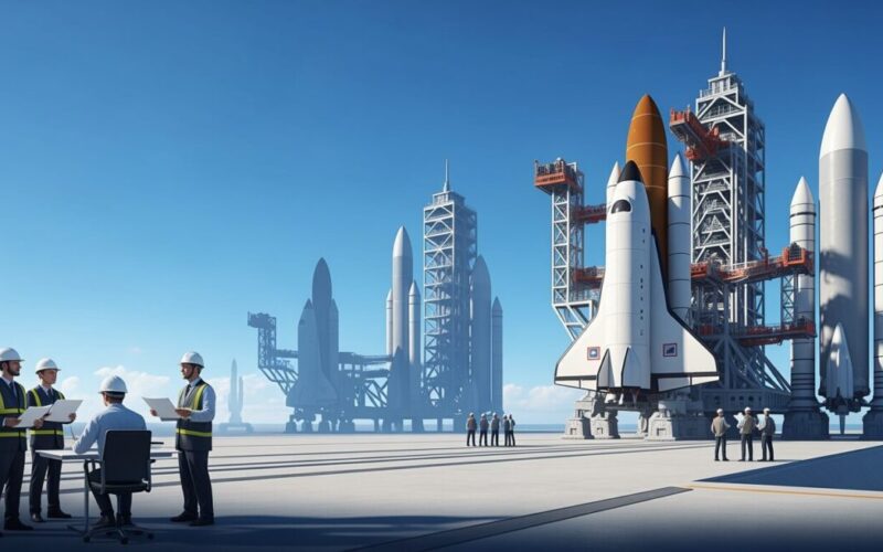 SpaceXがスターシップを用いて年間1万回の宇宙打ち上げを計画している様子を現代的な打ち上げサイトで表現。宇宙旅行の未来を感じるシーン。