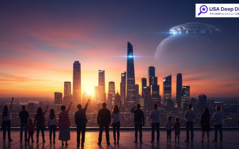 SpaceXがスターシップによる有人火星飛行のクルーを発表という噂を取り上げ、都市の風景の中で未来の宇宙探査を見上げる人々のシルエットを描写しています。