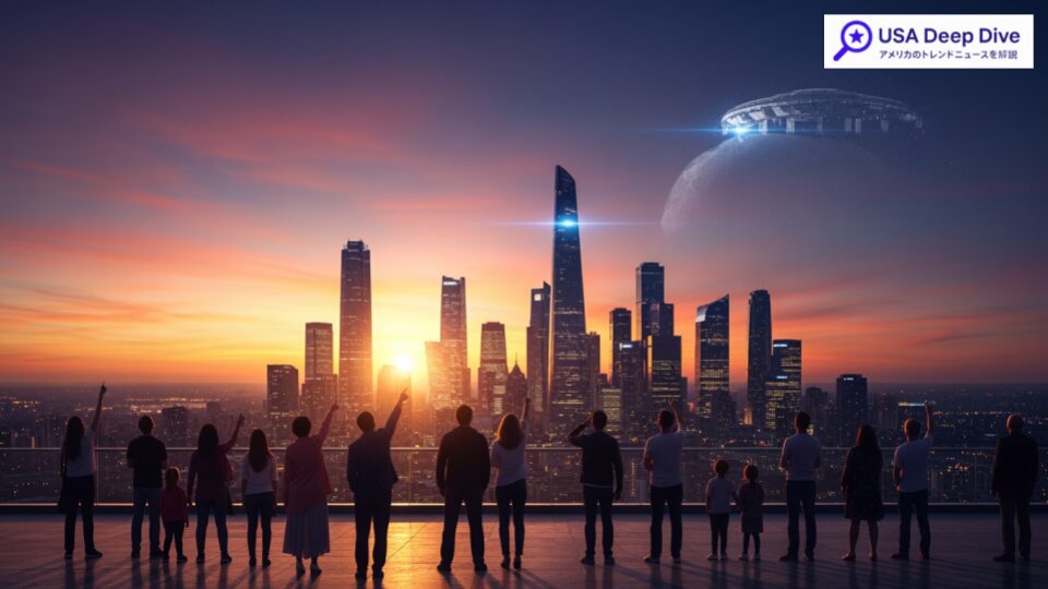 SpaceXがスターシップによる有人火星飛行のクルーを発表という噂を取り上げ、都市の風景の中で未来の宇宙探査を見上げる人々のシルエットを描写しています。