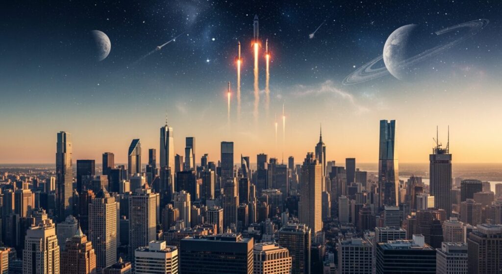スペースXがスターシップによる初の有人火星フライバイミッションを発表のシーンを描いたイメージ。都市のスカイラインを背景に、宇宙探査の興奮を表現しています。