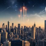 スペースXがスターシップによる初の有人火星フライバイミッションを発表のシーンを描いたイメージ。都市のスカイラインを背景に、宇宙探査の興奮を表現しています。
