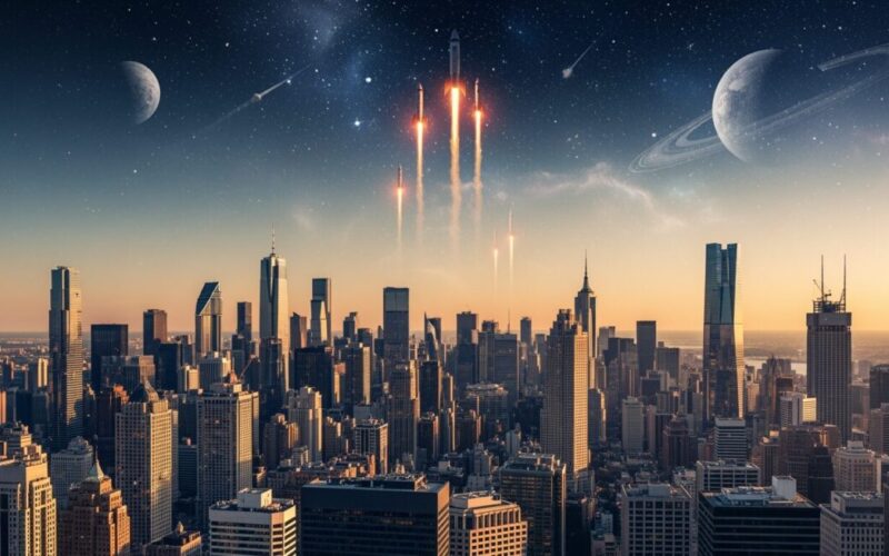 スペースXがスターシップによる初の有人火星フライバイミッションを発表のシーンを描いたイメージ。都市のスカイラインを背景に、宇宙探査の興奮を表現しています。