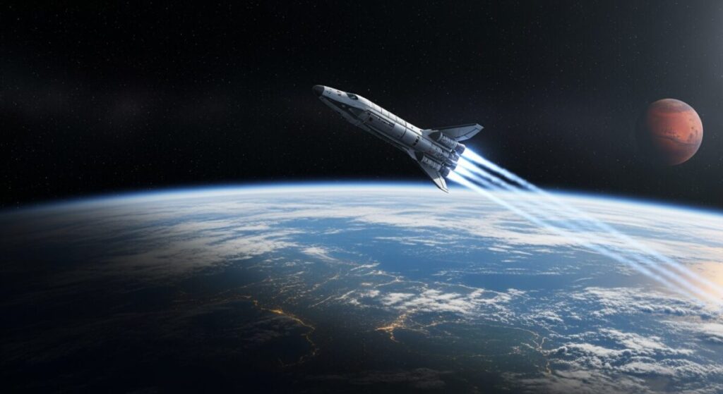 スペースXがスターシップによる初の有人火星フライバイミッションを発表。宇宙船が空に向かって打ち上げられるシーンを捉えた画像。
