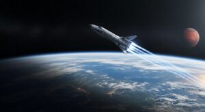 スペースXがスターシップによる初の有人火星フライバイミッションを発表。宇宙船が空に向かって打ち上げられるシーンを捉えた画像。