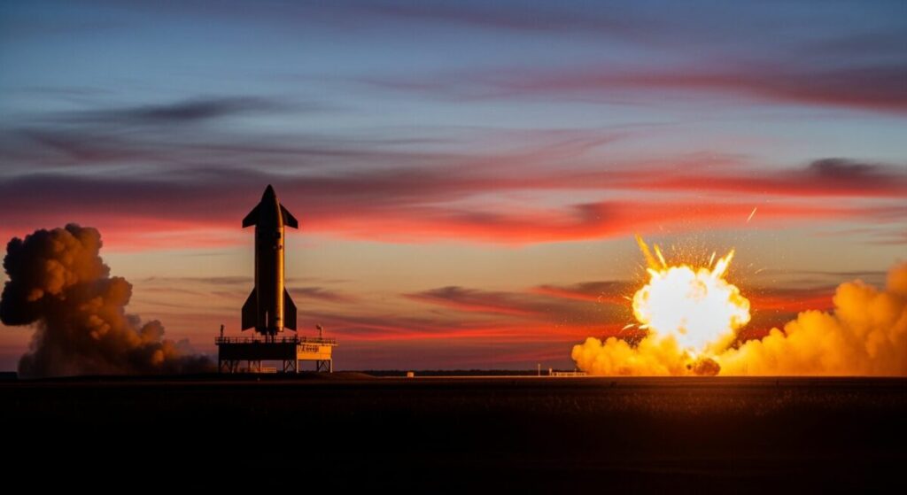 スペースXのStarship V3が着水後に爆発するシーン。テキサス州のLaunch Padでの試験飛行を背景に、煙と炎の抽象表現が緊迫感を演出。