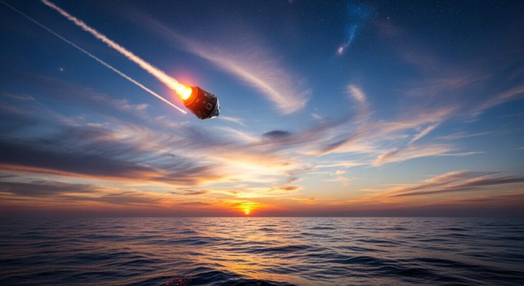 スペースXが第3世代スターシップの第12回飛行試験を実施しインド洋への着水に成功しました。宇宙探査の象徴的なシーンを描写した画像。
