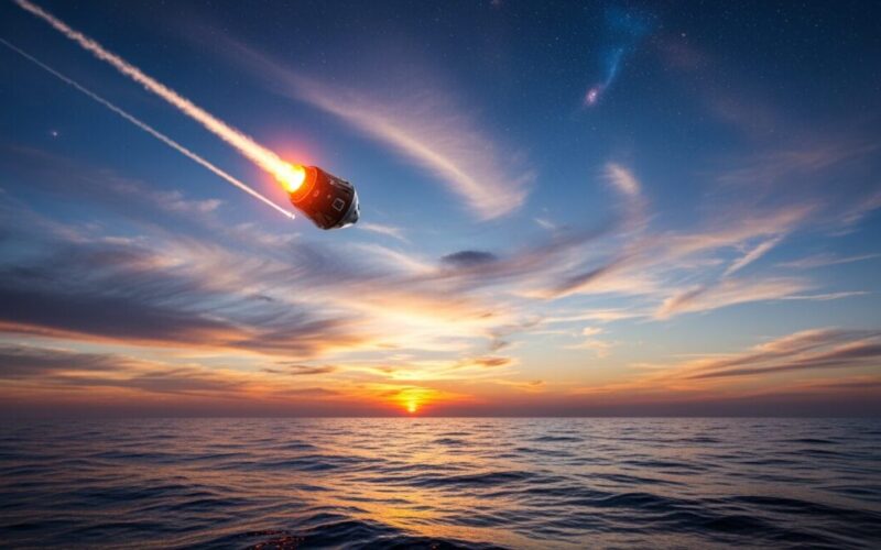 スペースXが第3世代スターシップの第12回飛行試験を実施しインド洋への着水に成功しました。宇宙探査の象徴的なシーンを描写した画像。