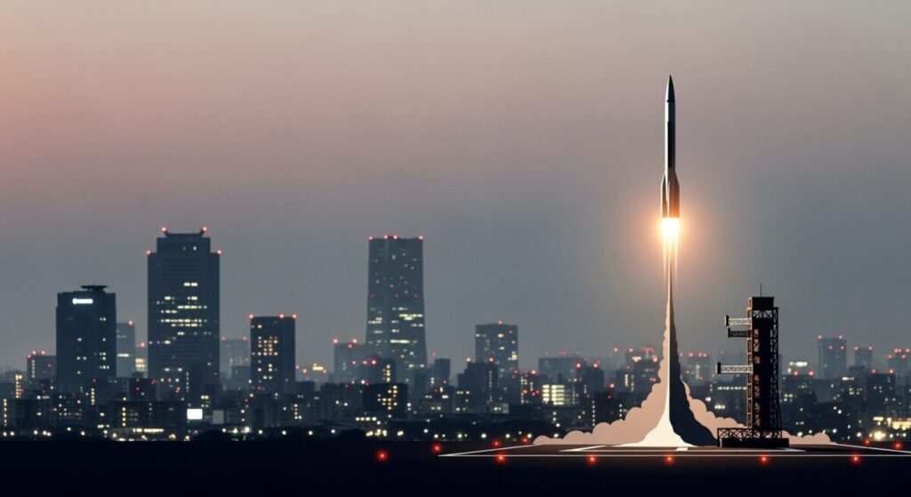 スペースXが次世代スターシップの打ち上げに成功し輸送能力を4倍に向上を示す都市の夜景とロケット発射の様子。