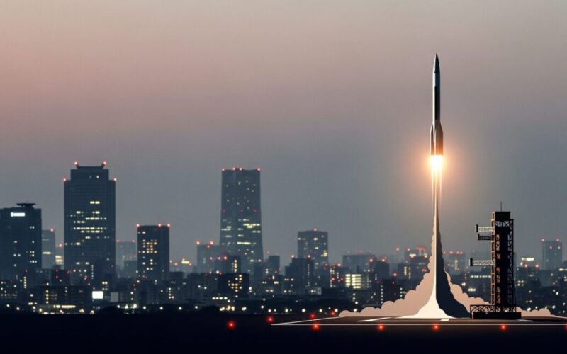 スペースXが次世代スターシップの打ち上げに成功し輸送能力を4倍に向上を示す都市の夜景とロケット発射の様子。