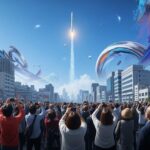 スペースXのスターシップ最新型が宇宙到達と模擬衛星放出に成功するシーンを描いた都市の風景。人々の興奮と期待感が表現されている。