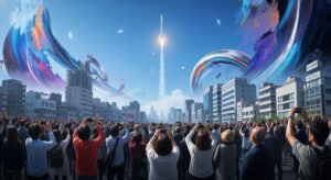 スペースXのスターシップ最新型が宇宙到達と模擬衛星放出に成功するシーンを描いた都市の風景。人々の興奮と期待感が表現されている。