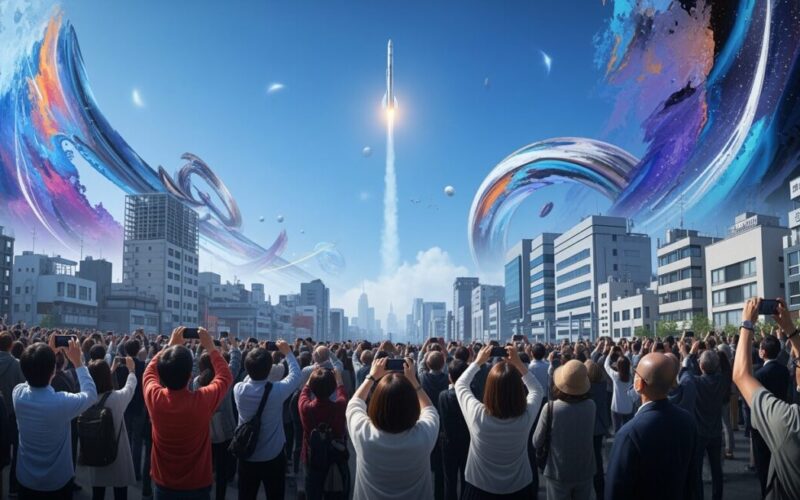 スペースXのスターシップ最新型が宇宙到達と模擬衛星放出に成功するシーンを描いた都市の風景。人々の興奮と期待感が表現されている。