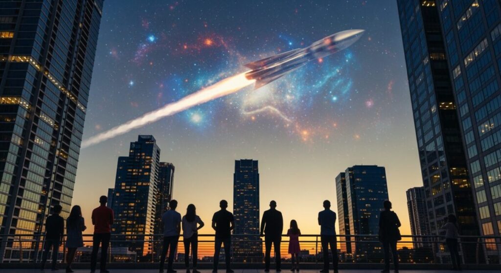 米スペースXが大型宇宙船の試験に成功したことを示す、空を見上げる人々と抽象的なロケットの風景。