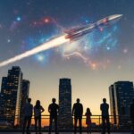 米スペースXが大型宇宙船の試験に成功したことを示す、空を見上げる人々と抽象的なロケットの風景。