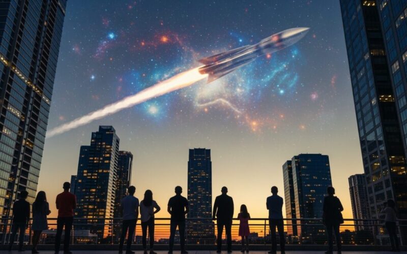 米スペースXが大型宇宙船の試験に成功したことを示す、空を見上げる人々と抽象的なロケットの風景。