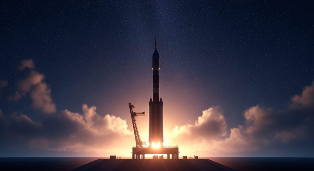 SpaceXが輸送能力4倍の第3世代スターシップを初打ち上げ、打上げのシルエットを描く夜空の風景。