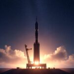 SpaceXが輸送能力4倍の第3世代スターシップを初打ち上げ、打上げのシルエットを描く夜空の風景。