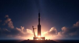 SpaceXが輸送能力4倍の第3世代スターシップを初打ち上げ、打上げのシルエットを描く夜空の風景。