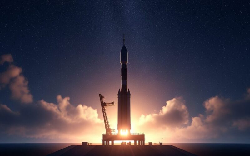 SpaceXが輸送能力4倍の第3世代スターシップを初打ち上げ、打上げのシルエットを描く夜空の風景。