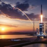 SpaceXのスターシップV3が初飛行した様子を象徴する未来的なロケットの打ち上げ場。夕暮れの中、宇宙へ向かうロケットが印象的です。