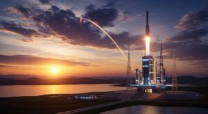 SpaceXのスターシップV3が初飛行した様子を象徴する未来的なロケットの打ち上げ場。夕暮れの中、宇宙へ向かうロケットが印象的です。