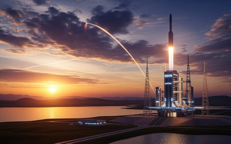 SpaceXのスターシップV3が初飛行した様子を象徴する未来的なロケットの打ち上げ場。夕暮れの中、宇宙へ向かうロケットが印象的です。