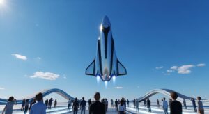 スペースX「スターシップV3」12回目無人飛行試験の様子。離昇する宇宙船と周囲の人々の様子を描いたイメージ。