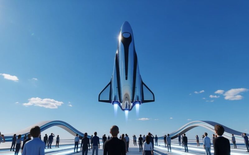 スペースX「スターシップV3」12回目無人飛行試験の様子。離昇する宇宙船と周囲の人々の様子を描いたイメージ。