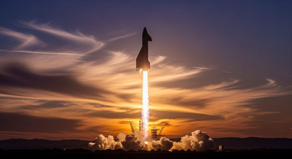 「スターシップ V3試験飛行成功――月面着陸と火星探査に向けた最新動向」をテーマにしたロケット打ち上げのシルエットと夕焼けの景色を表現した画像です。