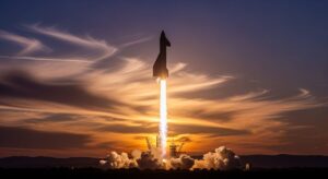「スターシップ V3試験飛行成功――月面着陸と火星探査に向けた最新動向」をテーマにしたロケット打ち上げのシルエットと夕焼けの景色を表現した画像です。