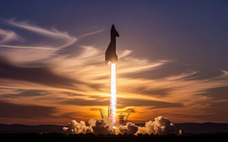 「スターシップ V3試験飛行成功――月面着陸と火星探査に向けた最新動向」をテーマにしたロケット打ち上げのシルエットと夕焼けの景色を表現した画像です。