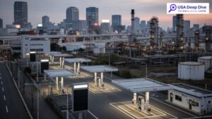 4月貿易統計で中東からの原油輸入が6割減、LNGや揮発油は7割超減の影響を示す現代日本の都市風景。